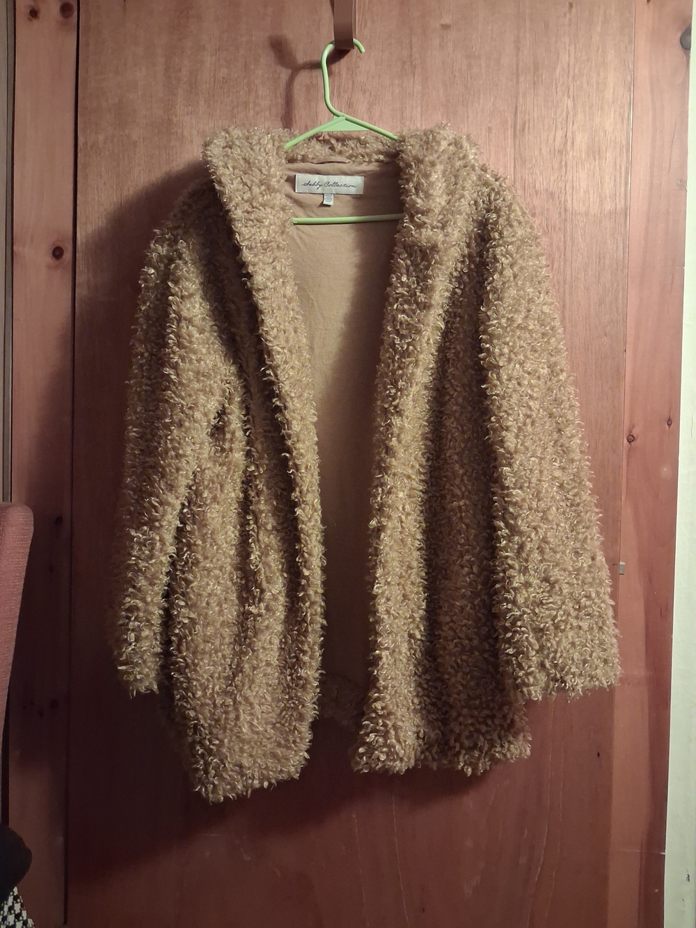 libby. edelman Plush Teddy Open-Front Jacket in Camel-Tan With Hood.